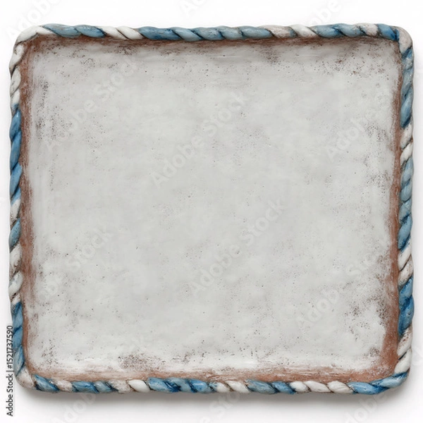 Fototapeta Handmade ceramic tile frame with decorative painted border in blue and white watercolor style. Artisan pottery square with ornate edge design creates rustic Mediterranean inspired accent piece