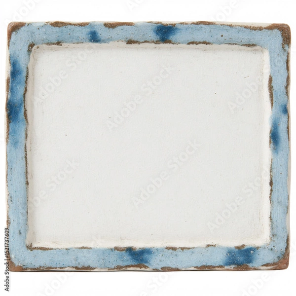 Fototapeta Handmade ceramic tile frame with decorative painted border in blue and white watercolor style. Artisan pottery square with ornate edge design creates rustic Mediterranean inspired accent piece