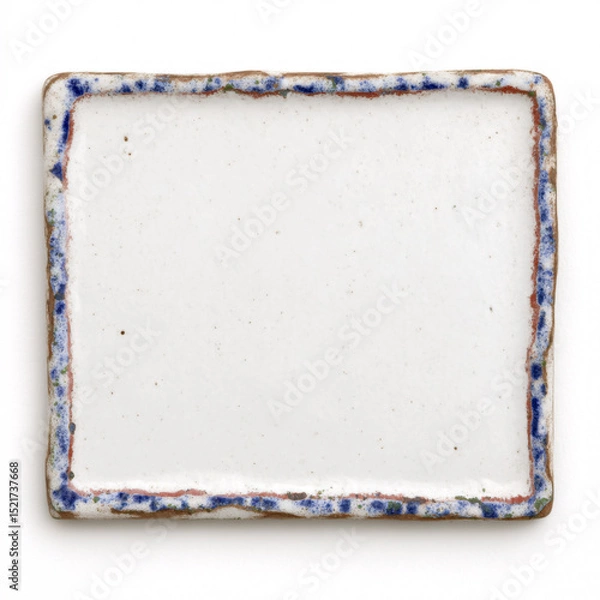 Fototapeta Handmade ceramic tile frame with decorative painted border in blue and white watercolor style. Artisan pottery square with ornate edge design creates rustic Mediterranean inspired accent piece