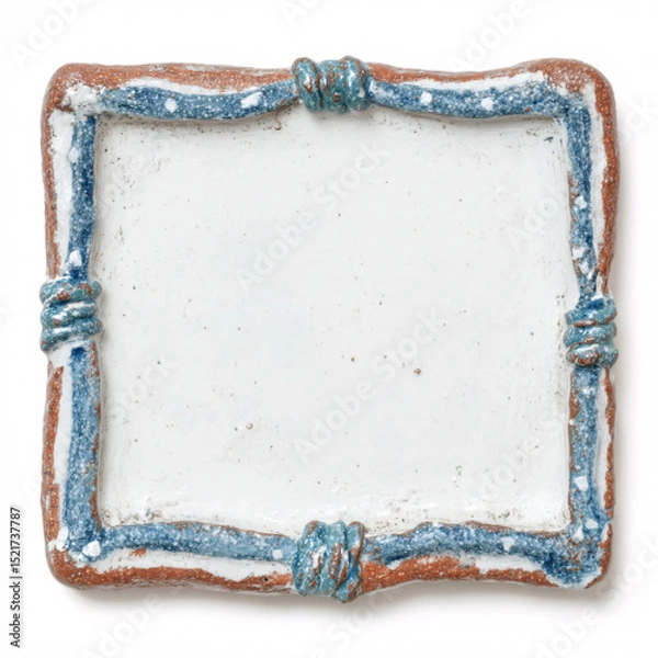 Fototapeta Handmade ceramic tile frame with decorative painted border in blue and white watercolor style. Artisan pottery square with ornate edge design creates rustic Mediterranean inspired accent piece