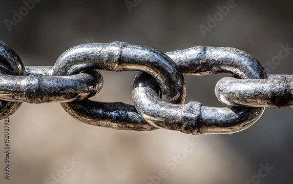Fototapeta Heavy metal chain links with weathered surface showing rust and wear in close-up detail photography