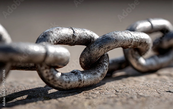 Fototapeta Heavy metal chain links with weathered surface showing rust and wear in close-up detail photography