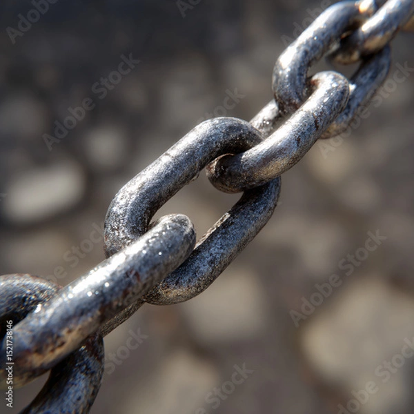 Fototapeta Heavy metal chain links with weathered surface showing rust and wear in close-up detail photography