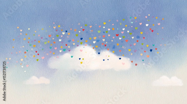 Fototapeta Colorful confetti hearts and shapes falling from fluffy white clouds against sky. Whimsical celebration scene with pastel colors and dreamy atmosphere