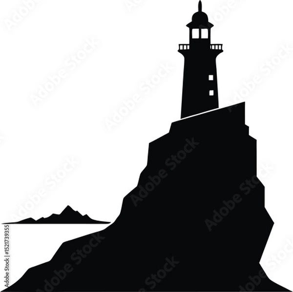 Obraz lighthouse near cliff black silhouette on white background