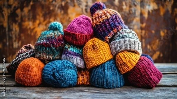 Fototapeta A colorful collection of knitted winter hats resting on a wooden surface.