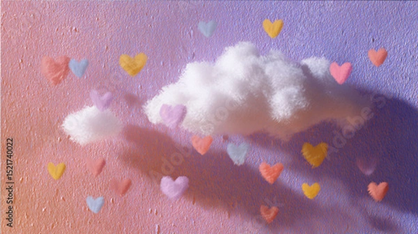 Fototapeta Colorful confetti hearts and shapes falling from fluffy white clouds against sky. Whimsical celebration scene with pastel colors and dreamy atmosphere