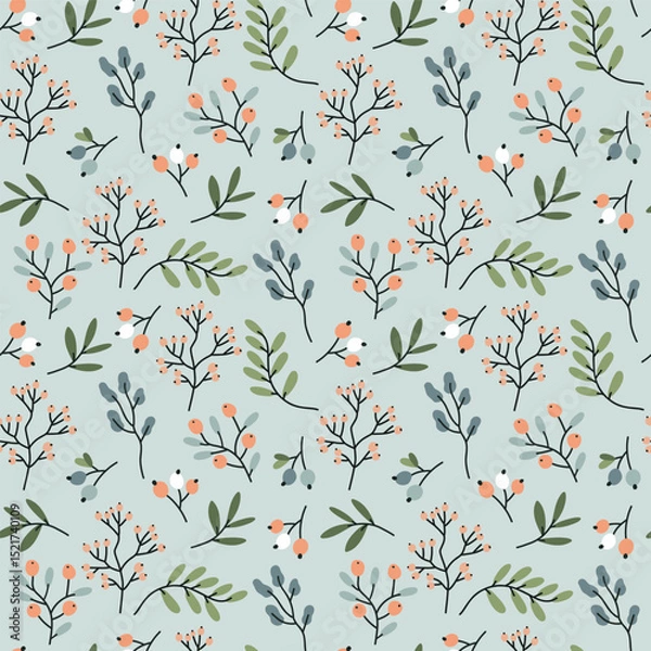 Fototapeta Fashionable seamless pattern with delicate twigs, leaves and berries. Flat vector illustration on a blue background