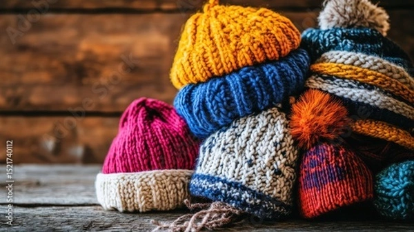Fototapeta Pile of colorful knitted winter hats on wooden surface.