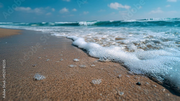 Fototapeta Ocean waves washing onto sandy beach with white foam and turquoise water. Peaceful coastal scene showing wave motion and wet sand texture	