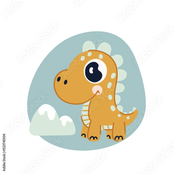 Fototapeta Cute cartoon dinosaur on the background of mountains. Vector illustration in flat style on a blue background.