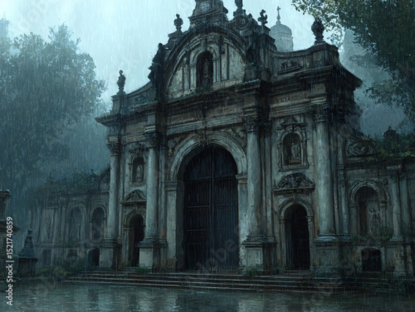 Fototapeta moody illustration of historical cemetery entrance in rain with baroque style gate wet cobblestone ground and glowing lanterns misty atmosphere evoking quiet reverence and somber reflection