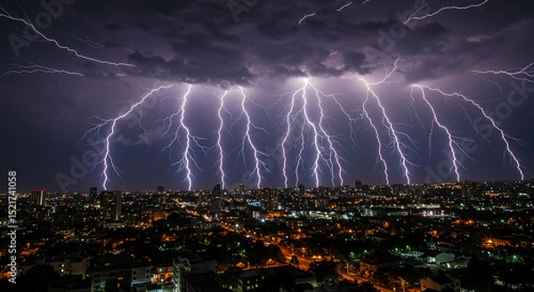 Obraz Many lightnings over the city at night