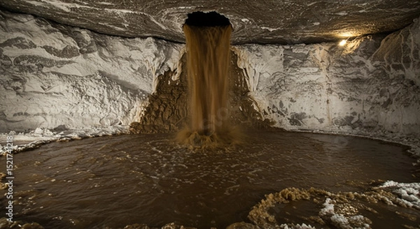 Obraz a gush of dirty water flowing from a hole in the ceiling of a salt mine