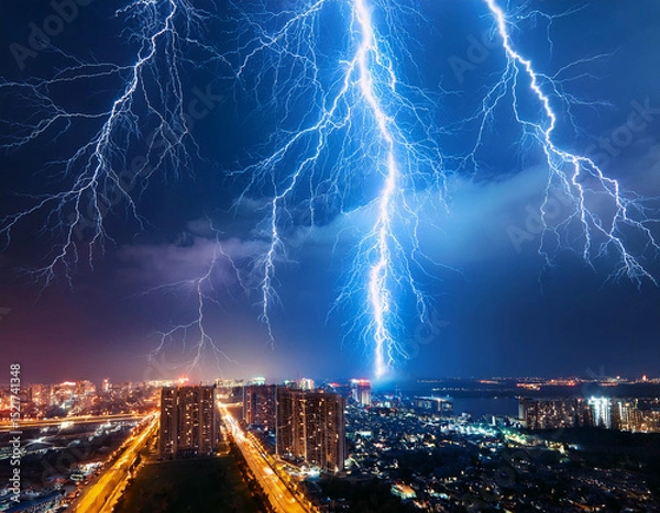 Obraz Many lightnings over the city at night