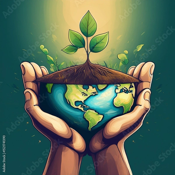 Obraz an cartoon image of two raised hands holding half of the earth from which a green plant grows, save the planet