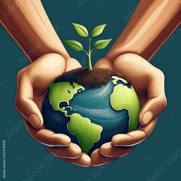 Obraz an cartoon image of two raised hands holding half of the earth from which a green plant grows, save the planet