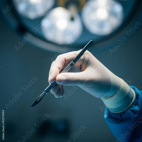 Obraz A gloved surgeon's hand holding a scalpel