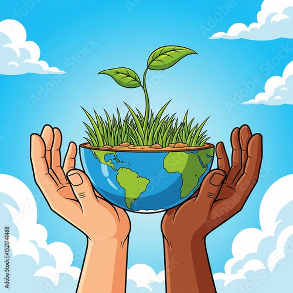 Obraz an cartoon image of two raised hands holding half of the earth from which a green plant grows, save the planet