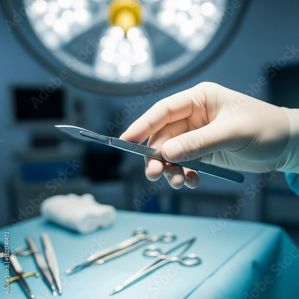 Obraz A gloved surgeon's hand holding a scalpel