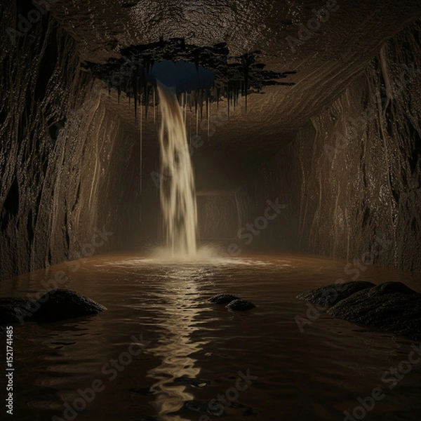 Obraz a gush of dirty water flowing from a hole in the ceiling of a salt mine