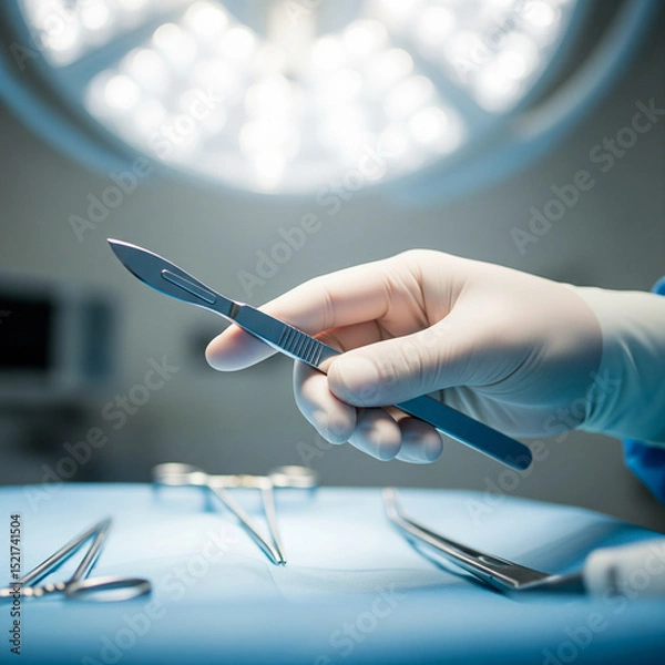 Obraz A gloved surgeon's hand holding a scalpel