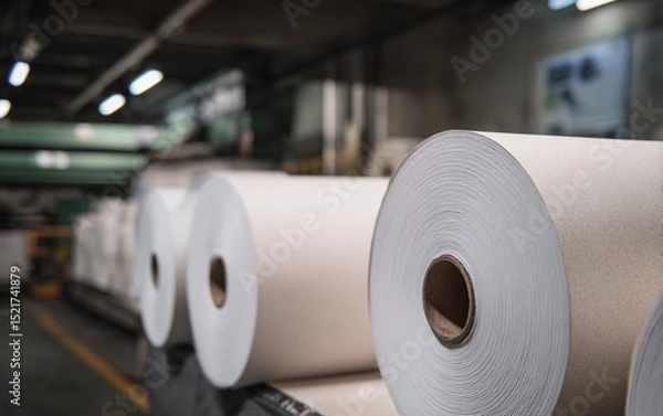 Fototapeta Large white paper rolls in industrial printing factory with manufacturing equipment. Commercial paper production facility showing newsprint or printing paper inventory