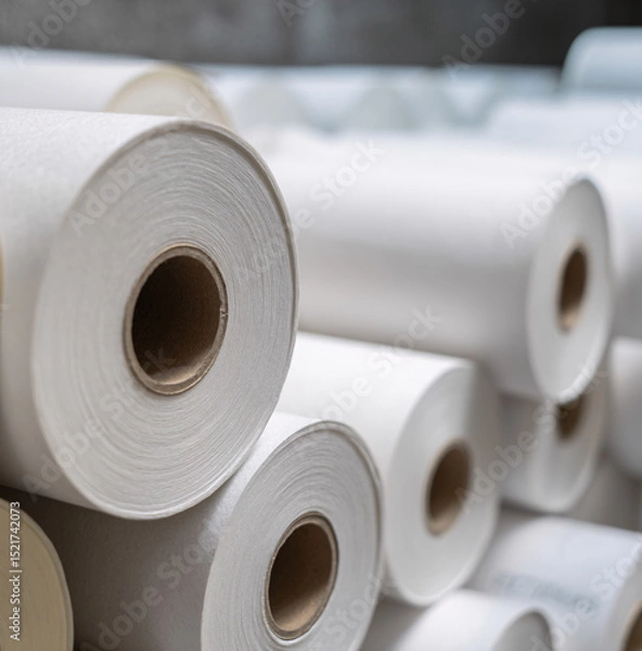 Fototapeta Large white paper rolls in industrial printing factory with manufacturing equipment. Commercial paper production facility showing newsprint or printing paper inventory