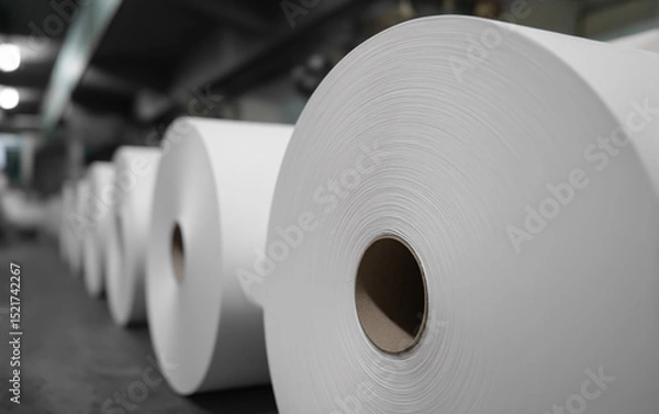 Fototapeta Large white paper rolls in industrial printing factory with manufacturing equipment. Commercial paper production facility showing newsprint or printing paper inventory