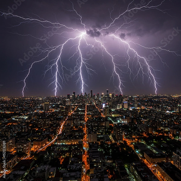 Obraz Many lightnings over the city at night