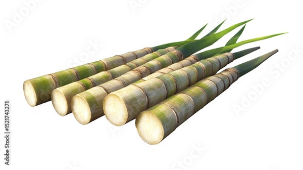 Fototapeta Freshly cut sugarcane stalks gleaming on transparent background
