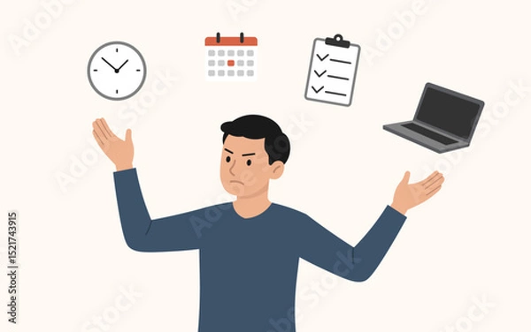 Fototapeta Overwhelmed Worker Juggling Time, Tasks, and Technology, Productivity and Stress Concept, Flat Vector Illustration