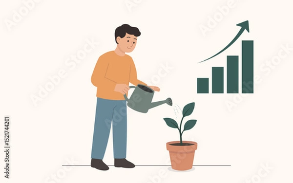 Fototapeta Man Watering a Plant with Growth Chart, Symbolizing Business Growth, Flat Vector Illustration