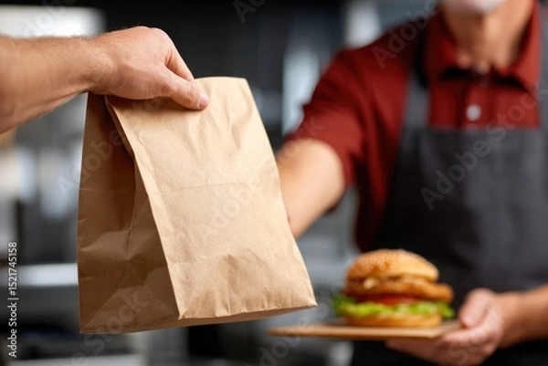 Obraz Fast Food Takeout Bag Being Handed Over with Burger in Background