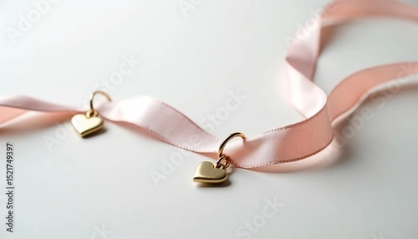Obraz Pink ribbon with heart charms on a neutral background  