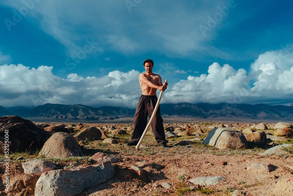 Fototapeta Strong man with fighting stick standing in high mountains