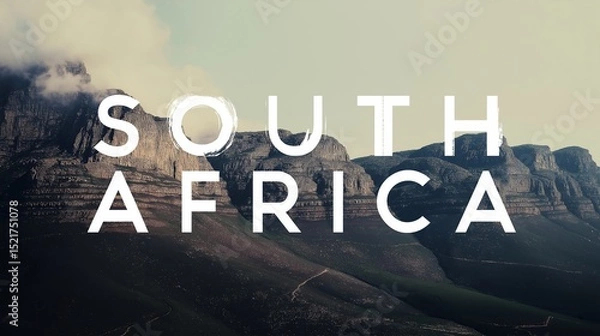 Fototapeta Table Mountain Double Exposure Typography in 'SOUTH AFRICA' Letters – High Contrast White Background