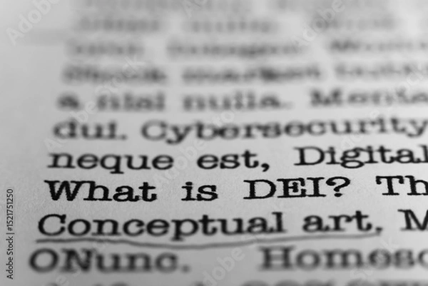 Fototapeta What is DEI. Text printed on a page. A piece of paper with a phrase written in retro typewriter font