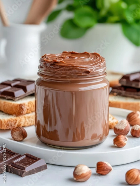 Fototapeta A large jar of chocolate hazelnut paste stands on a beautiful white tray, surrounded by chocolate bars and nuts