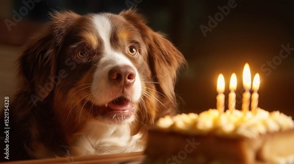 Fototapeta Happy Dog Celebrating Birthday with Candlelit Cake, Birthday Party for Dog with Candlelit Cake and Joyful Expression