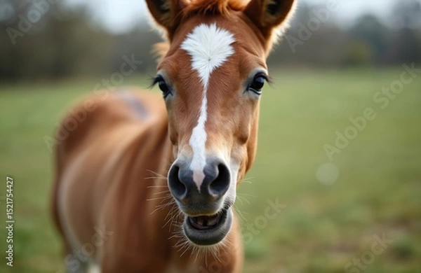Obraz Funny foal horse face, looking at camera. Cute young animal portrait on green field background. Brown and white color. Foal smiles with open mouth, has soft fur. Horse head closeup.