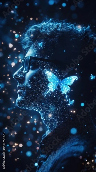 Fototapeta Profile of a man with glasses covered in blue sparkles and butterflies in a dark background