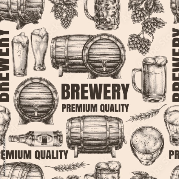 Obraz Craft beer brewery design with barrels and glasses