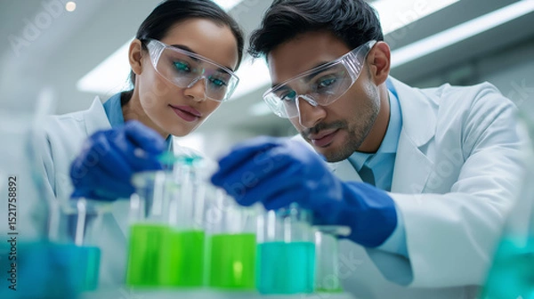Fototapeta Two scientists in lab coats and safety glasses conducting an experiment with blue liquid.
