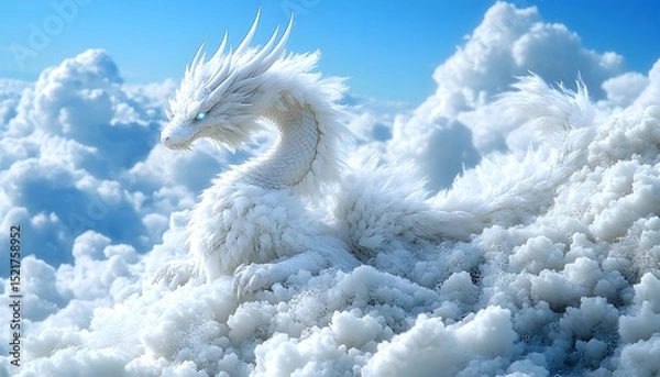 Obraz Fluffy white dragon rests among soft clouds under a bright blue sky