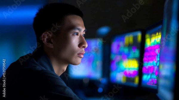 Obraz Cybersecurity analyst monitoring multiple high-tech data screens in a dark control room.

