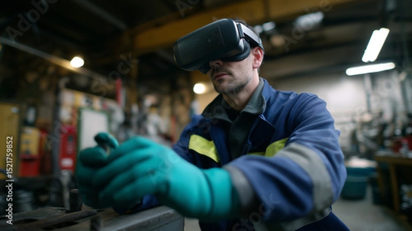 Fototapeta Factory worker using virtual reality headset and gloves for training or machinery operation.

