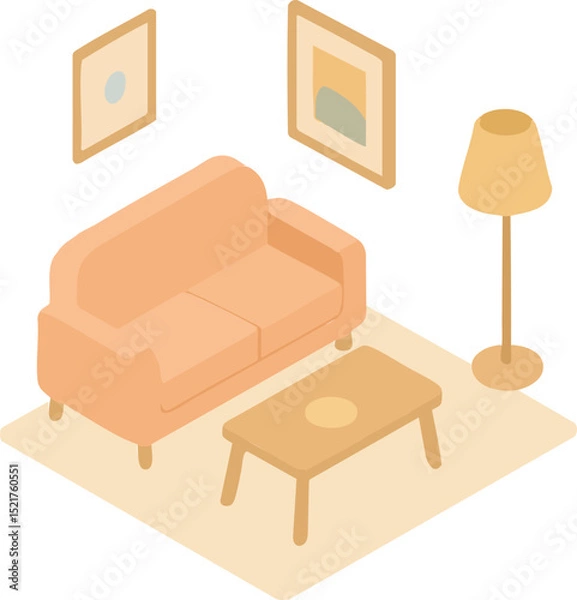Fototapeta An isometric illustration of a cozy living room in a minimalist style. The image features a light peach sofa, a wooden coffee table, a floor lamp, and two abstract wall posters. The entire composition