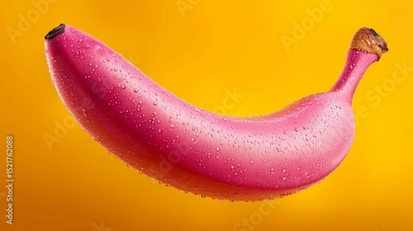Fototapeta Pink Banana with Water Droplets on Orange Background