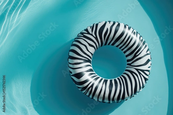 Fototapeta Zebra-print inflatable swim ring floating in clear blue pool water. Minimalistic summer scene, for vacation themes, pool party promotions, leisure designs, fun lifestyle concepts with modern aesthetic